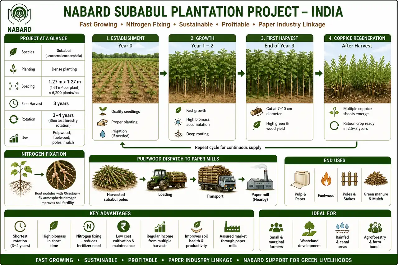 Annotated subabul plantation diagram showing dense planting, nitrogen-fixing root nodules, 3-year first harvest, coppice regrowth, and pulpwood loading