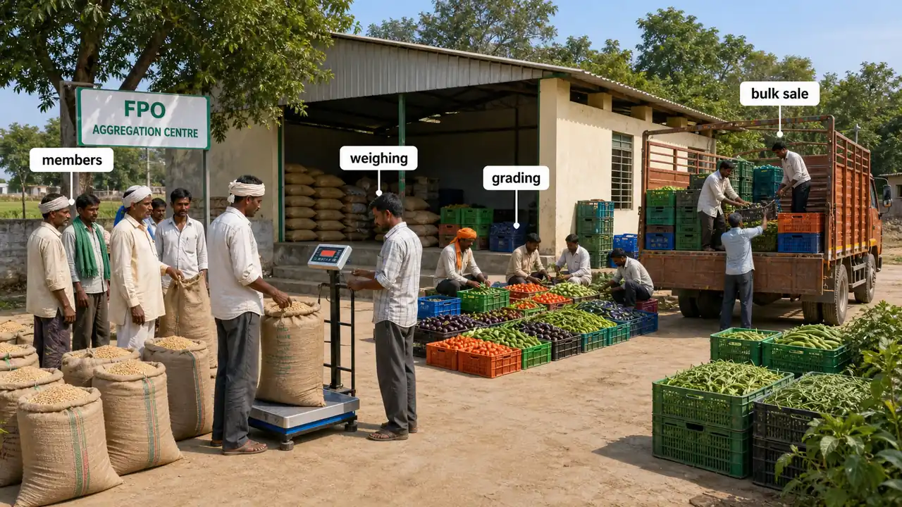FPO produce aggregation centre showing farmer arrivals, weighing, sorting, lot formation, and dispatch to larger buyers