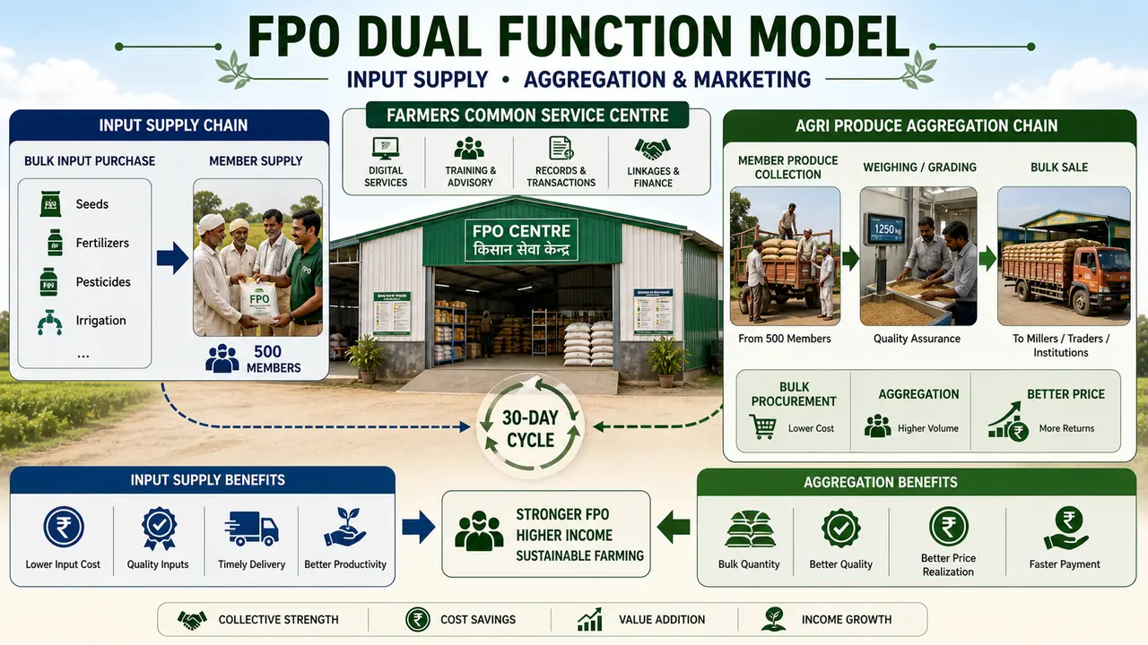 FPO dual-function model showing bulk input purchase to member supply and produce aggregation to weighing, grading, and bulk sale