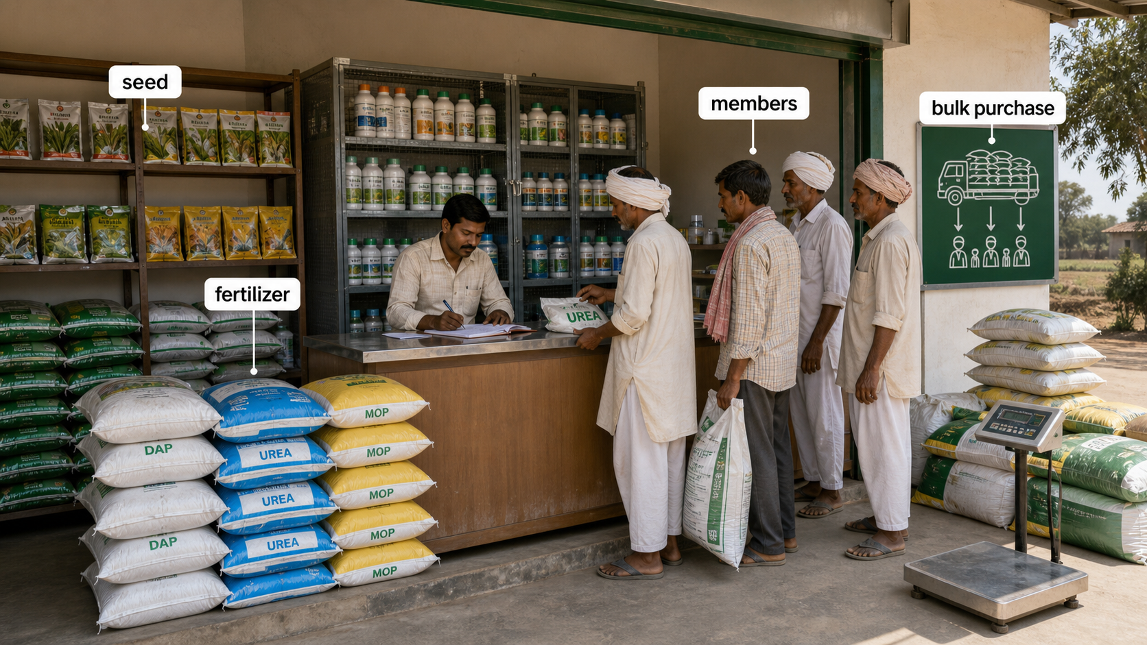FPO input supply centre showing bulk input stocking, member service counter, and movement of seeds, fertilisers, and crop protection products to farmers