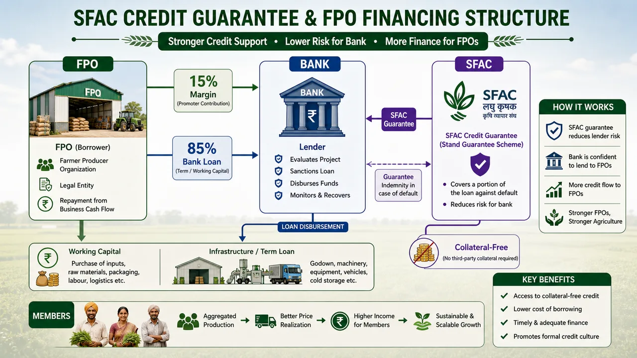 SFAC credit guarantee and FPO financing structure showing 15 percent margin, 85 percent bank loan, and collateral-free support