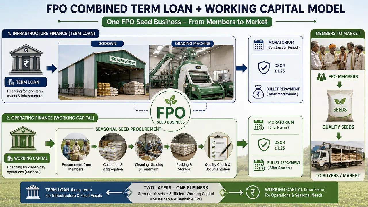 FPO seed business showing linked term loan, godown, grading machine, working capital, moratorium, DSCR, and bullet repayment