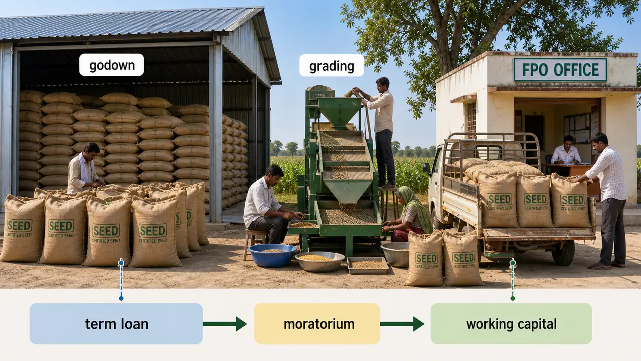 Integrated FPO financing model showing godown and grading machine term loan alongside seed procurement working capital cycle