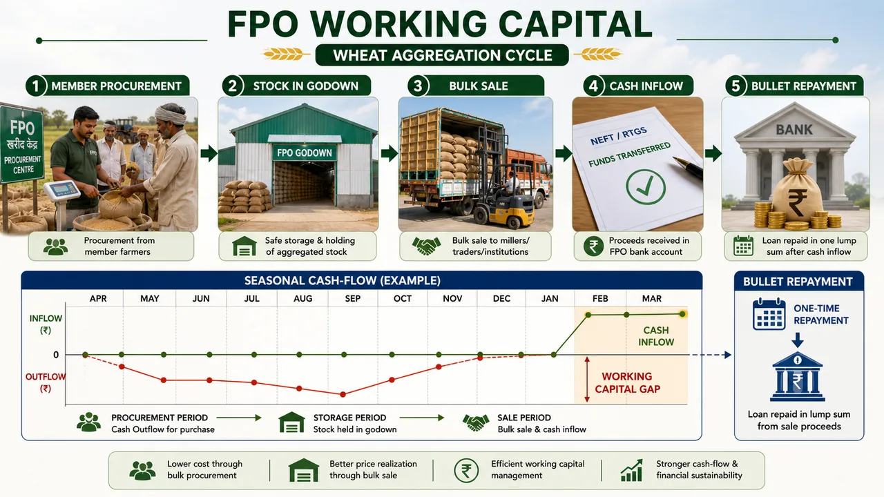 FPO wheat aggregation working capital cycle showing member procurement, stock in godown, bulk sale, cash inflow, working capital gap, and bullet repayment