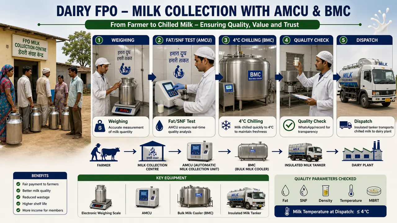 Dairy FPO milk collection with AMCU and BMC showing weighing, fat and SNF test, 4 degree chilling, quality check, and dispatch