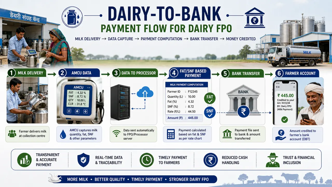 Dairy-to-bank payment flow for FPO showing AMCU data, processor, fat and SNF based payment, bank transfer, and money credited to farmer account
