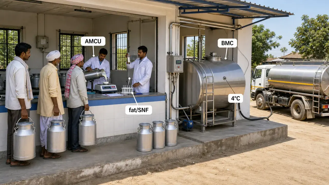 Operational view of FPO milk collection showing AMCU testing, recording, and BMC-based chilling before dispatch