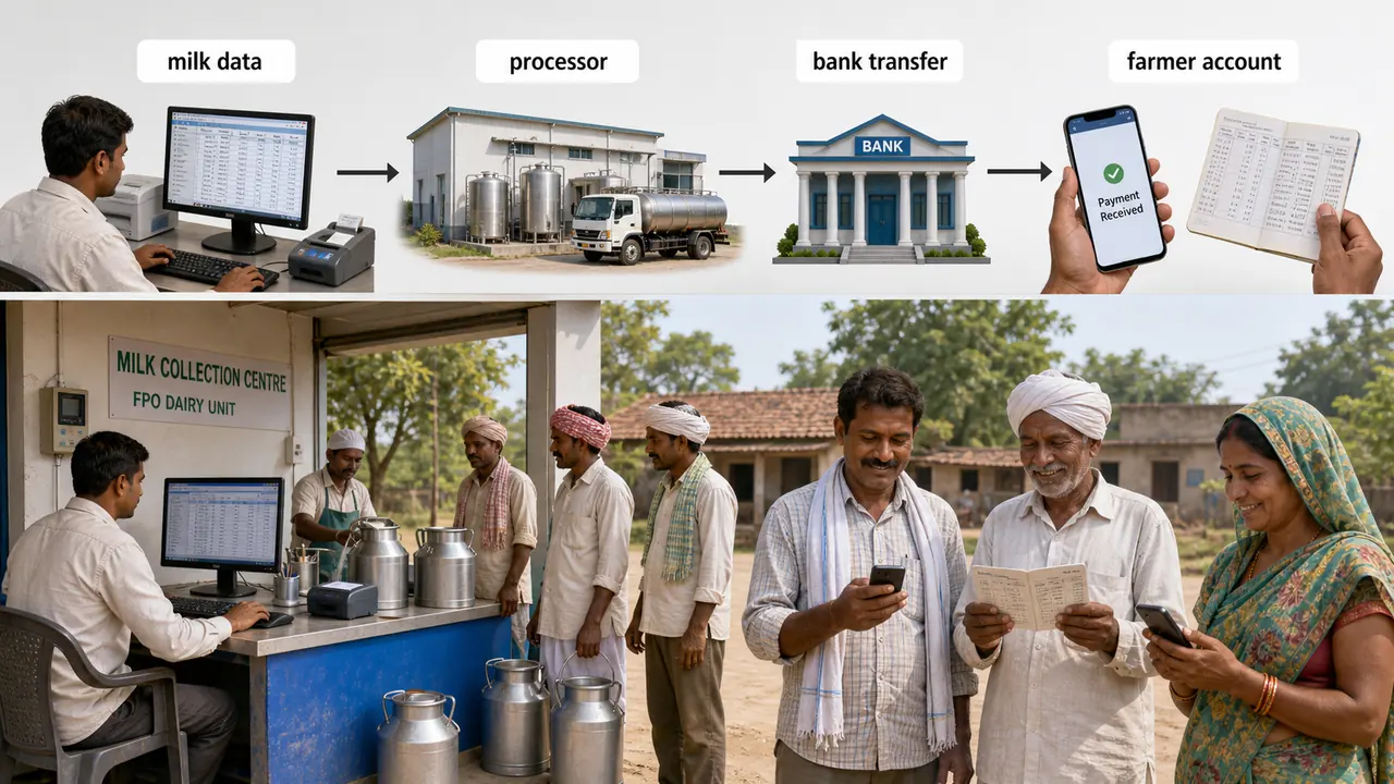 FPO dairy-to-bank payment flow connecting AMCU records, processor settlement, and direct farmer bank credit
