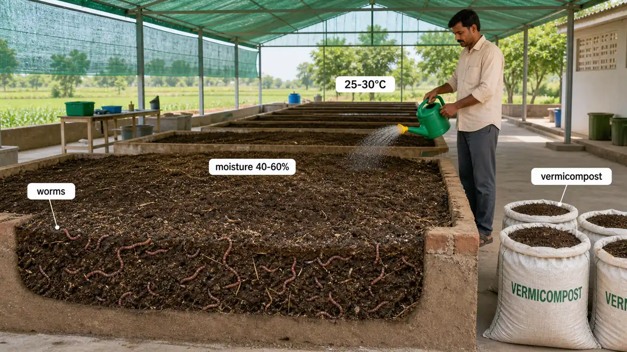 Commercial FPO vermicompost beds showing covered bed layout, bed management, and batch production structure