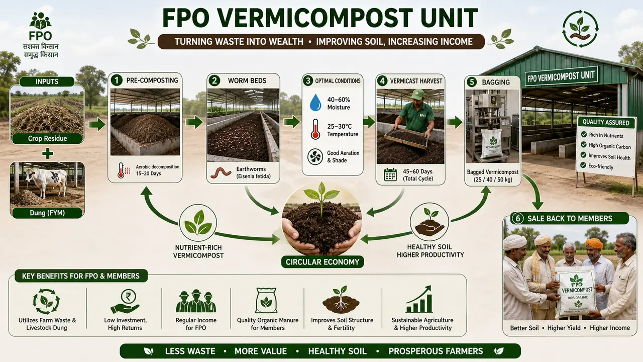 FPO vermicompost unit showing crop residue and dung inputs, pre-composting, worm beds, moisture and temperature control, harvest, bagging, and sale back to members