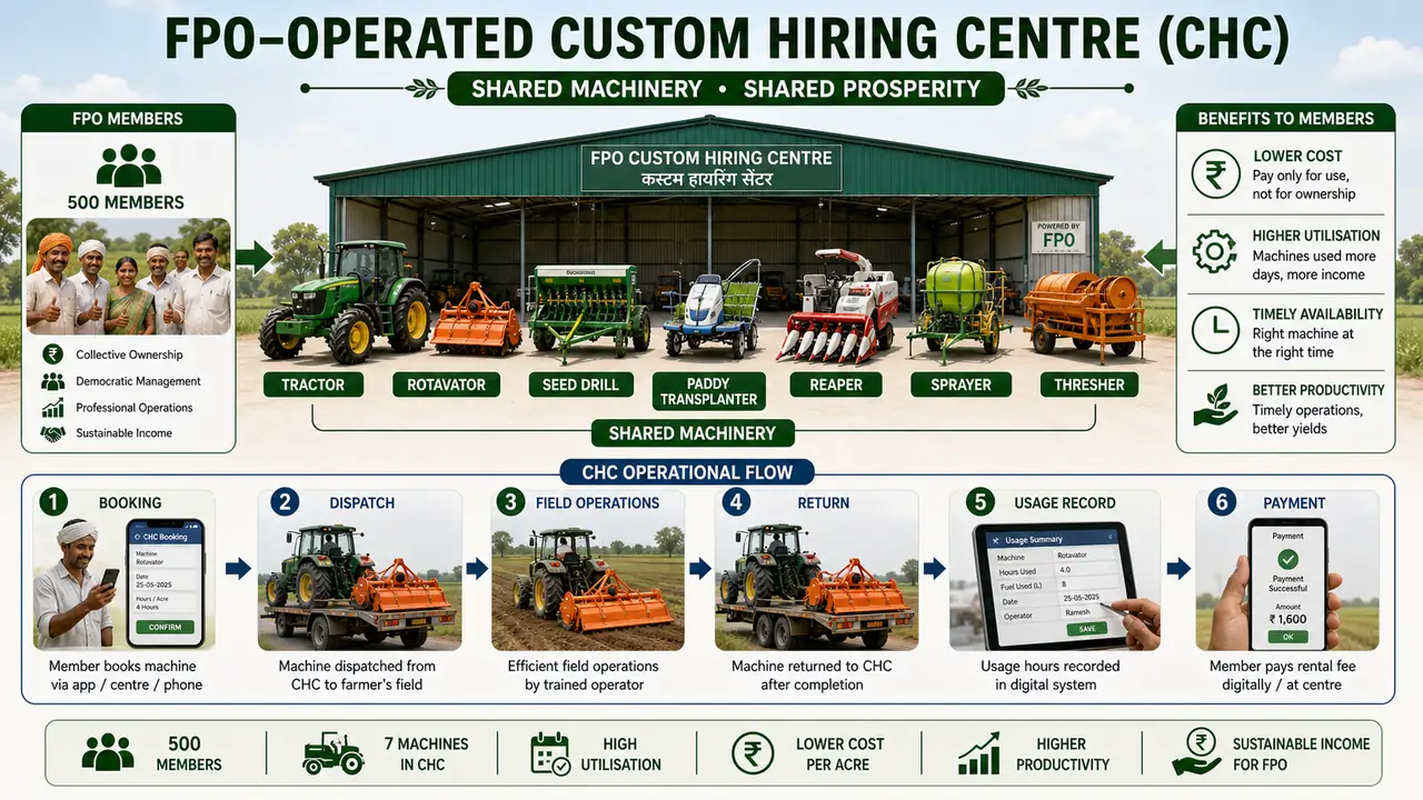 FPO-operated Custom Hiring Centre showing 500 members, shared machinery, booking, dispatch, field operations, return, usage record, and payment