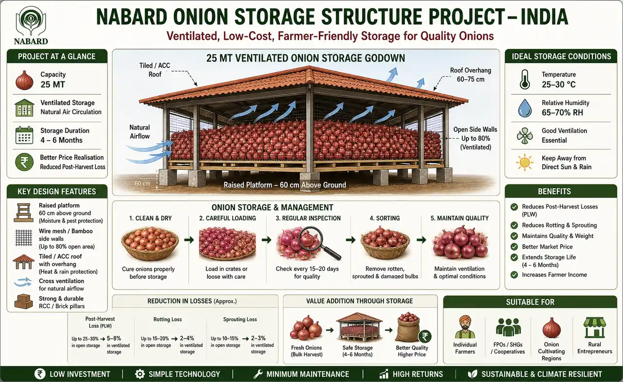Annotated onion storage diagram showing ventilated raised-platform godown, natural airflow, sorting, and loss control for 25 MT storage