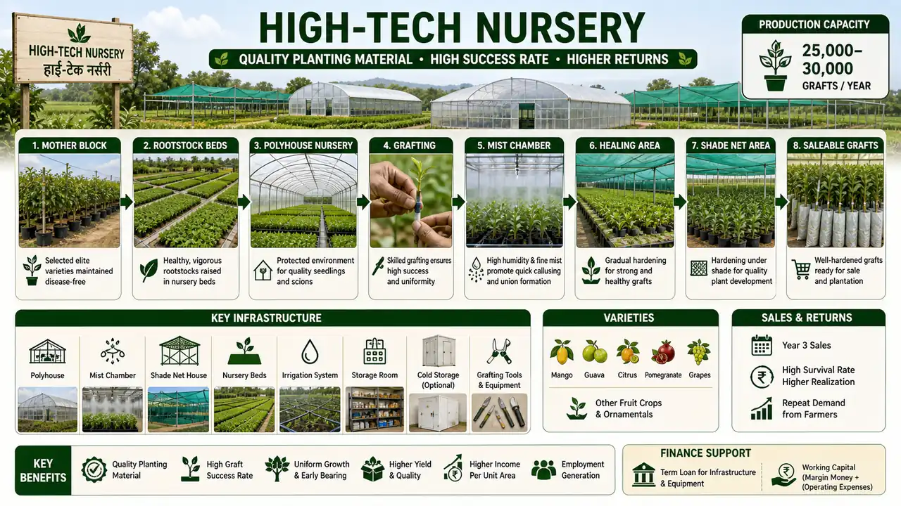 High-tech nursery system showing mother block, rootstock beds, grafting, mist chamber, shade net, and saleable graft output