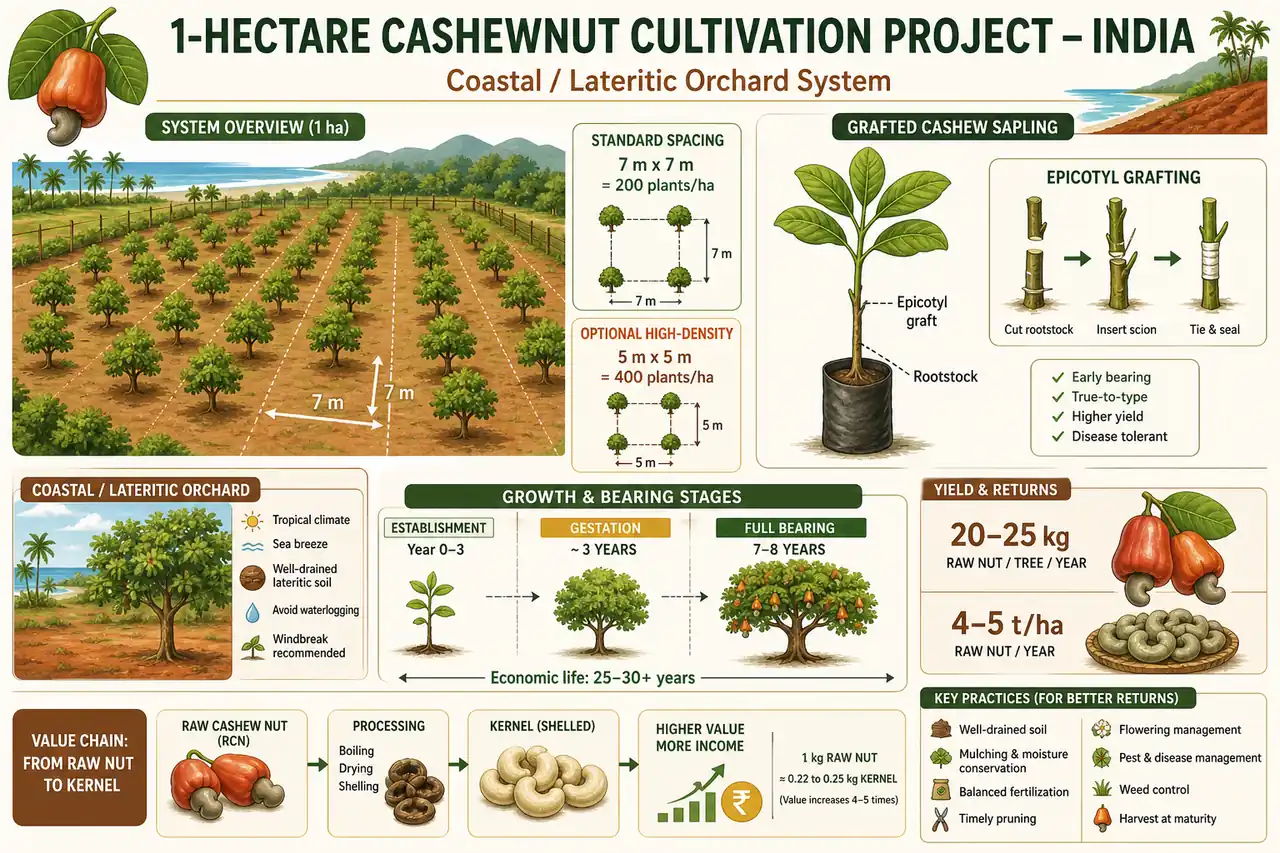 Annotated cashewnut cultivation diagram showing grafted planting material, orchard spacing, gestation, and the nut-to-kernel value focus in a one-hectare project