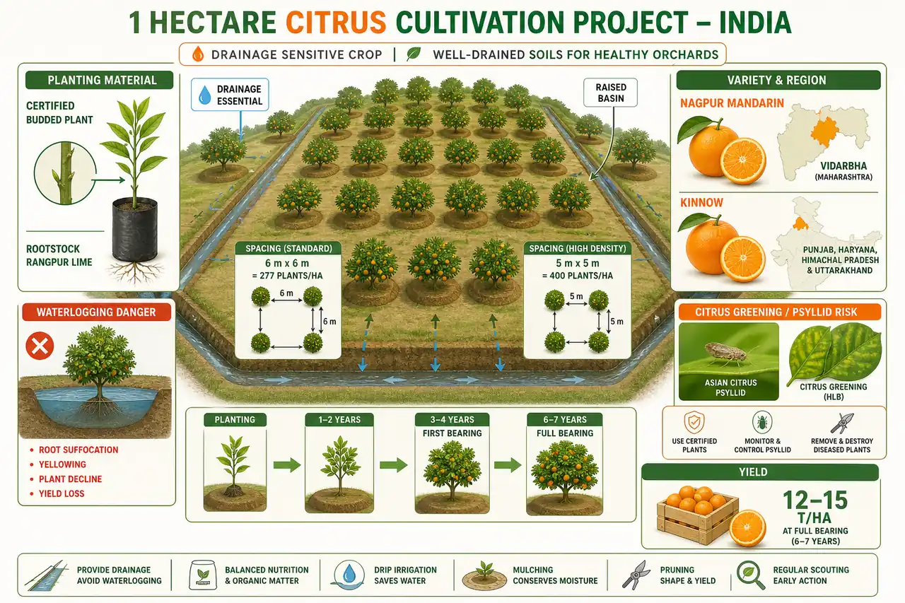 Annotated citrus cultivation diagram showing drainage-sensitive orchard layout, rootstock choice, certified planting material, greening risk, and spacing in a one-hectare project