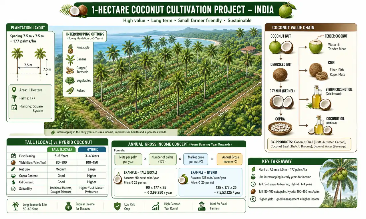 Annotated coconut cultivation diagram showing plantation spacing, intercropping, tall versus hybrid palms, and coconut value streams such as copra, virgin coconut oil, and coir