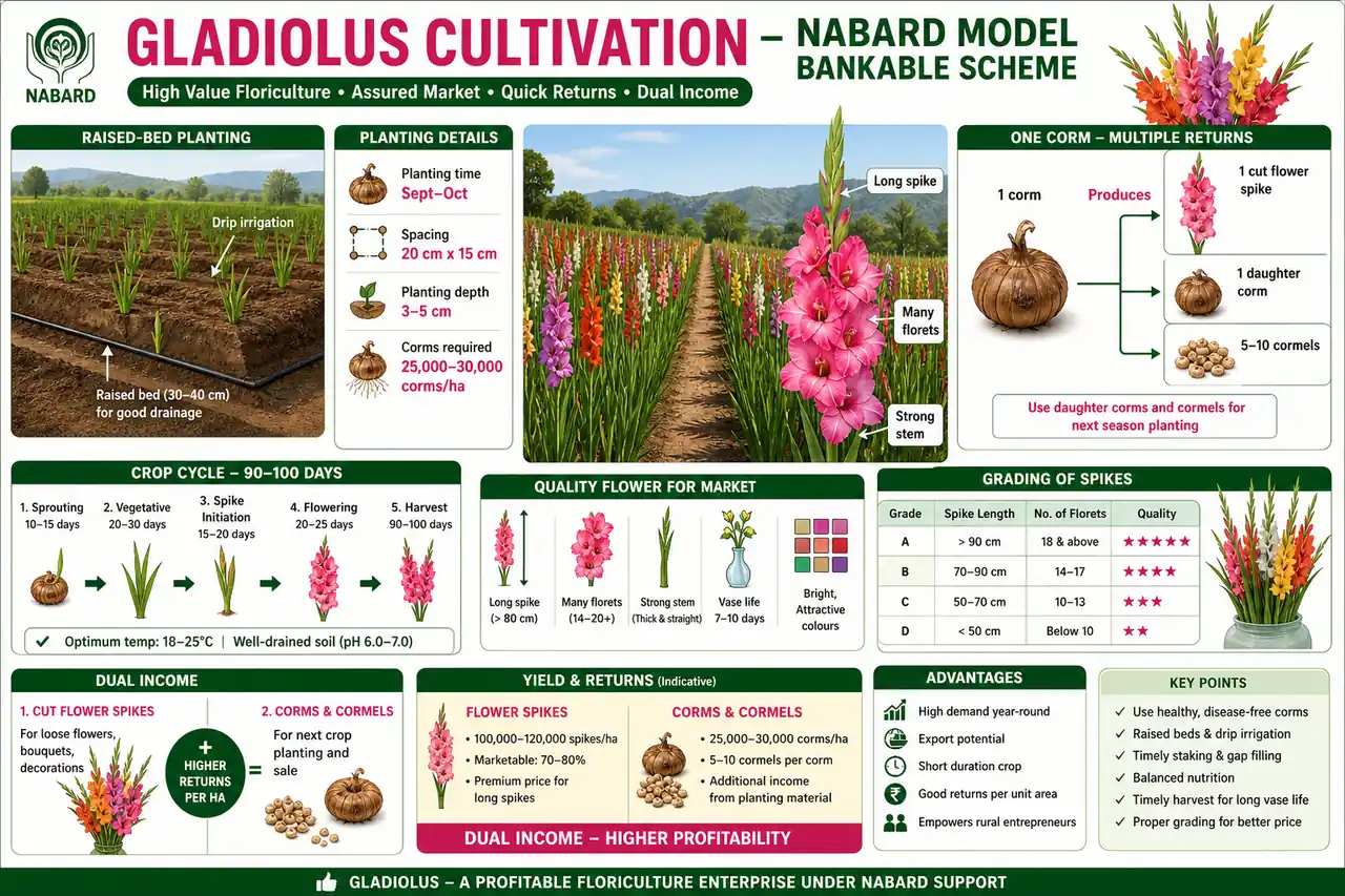 Annotated gladiolus cultivation diagram showing raised-bed planting, corm cycle, spike grading, and the dual-income model from flowers and corms