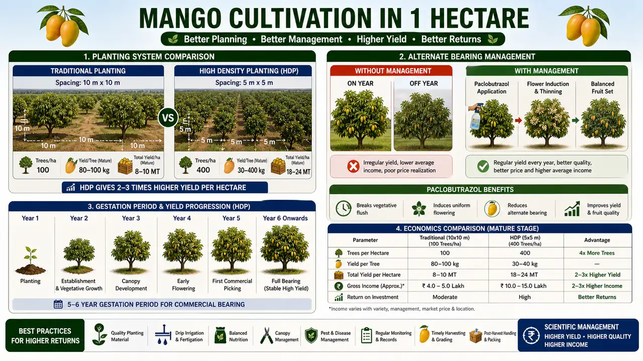 Mango cultivation comparison showing traditional spacing versus high-density planting plus alternate bearing management