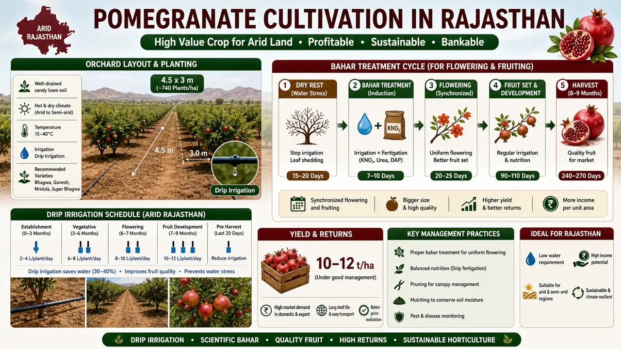 Pomegranate cultivation in Rajasthan showing drip-irrigated orchard layout and bahar treatment cycle