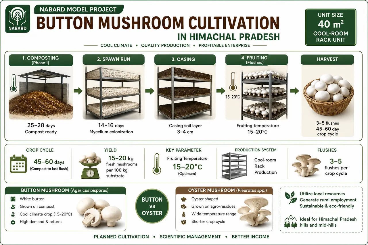 Annotated button mushroom cultivation diagram showing cool-room racks, composting, spawning, casing, flushes, and the standard 40 square meter unit workflow