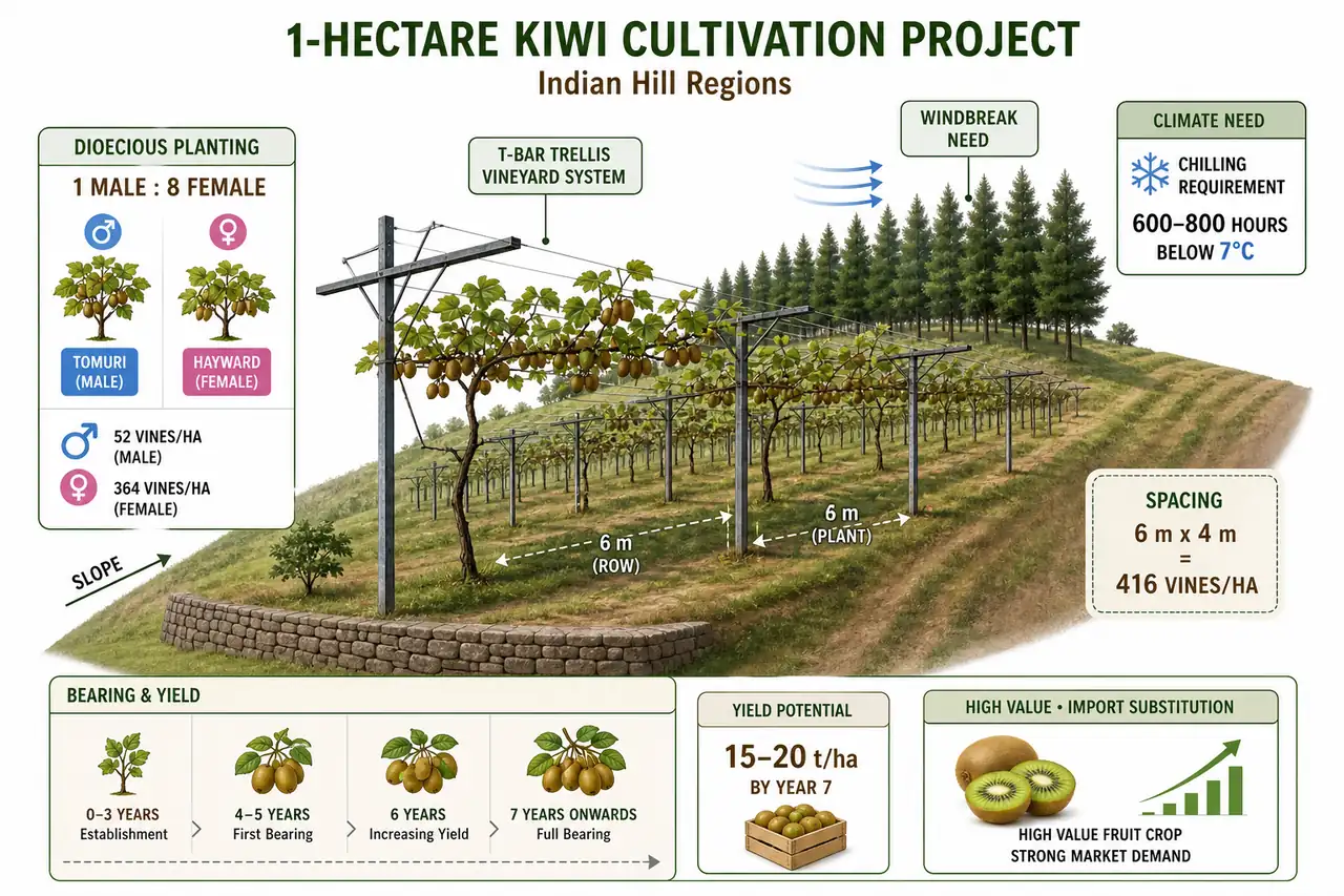 Annotated kiwi cultivation diagram showing T-bar trellis, male-to-female ratio, chilling requirement, spacing, and bearing timeline in a hill orchard project