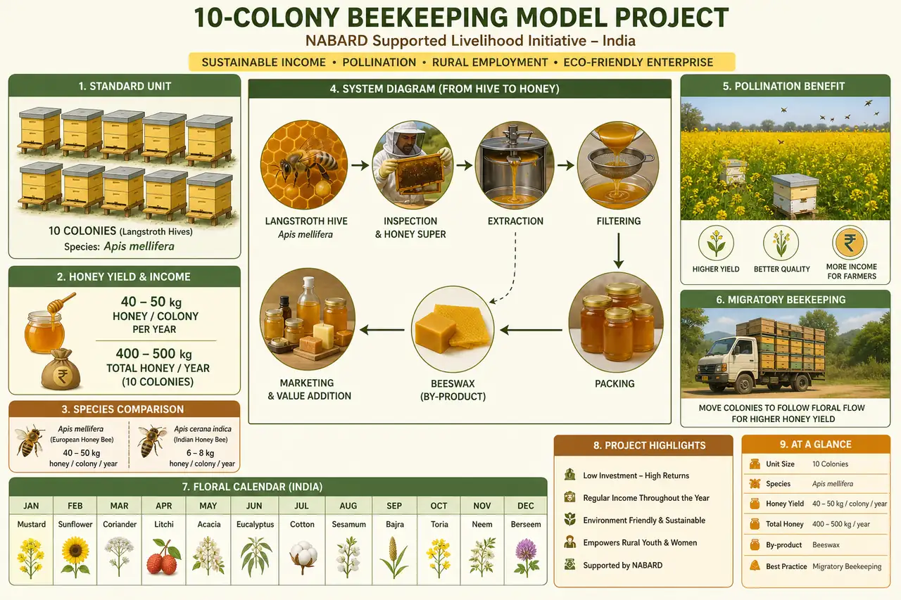 Annotated beekeeping project diagram showing Langstroth hives, honey extraction, pollination benefit, migratory beekeeping, and annual output from a ten-colony unit