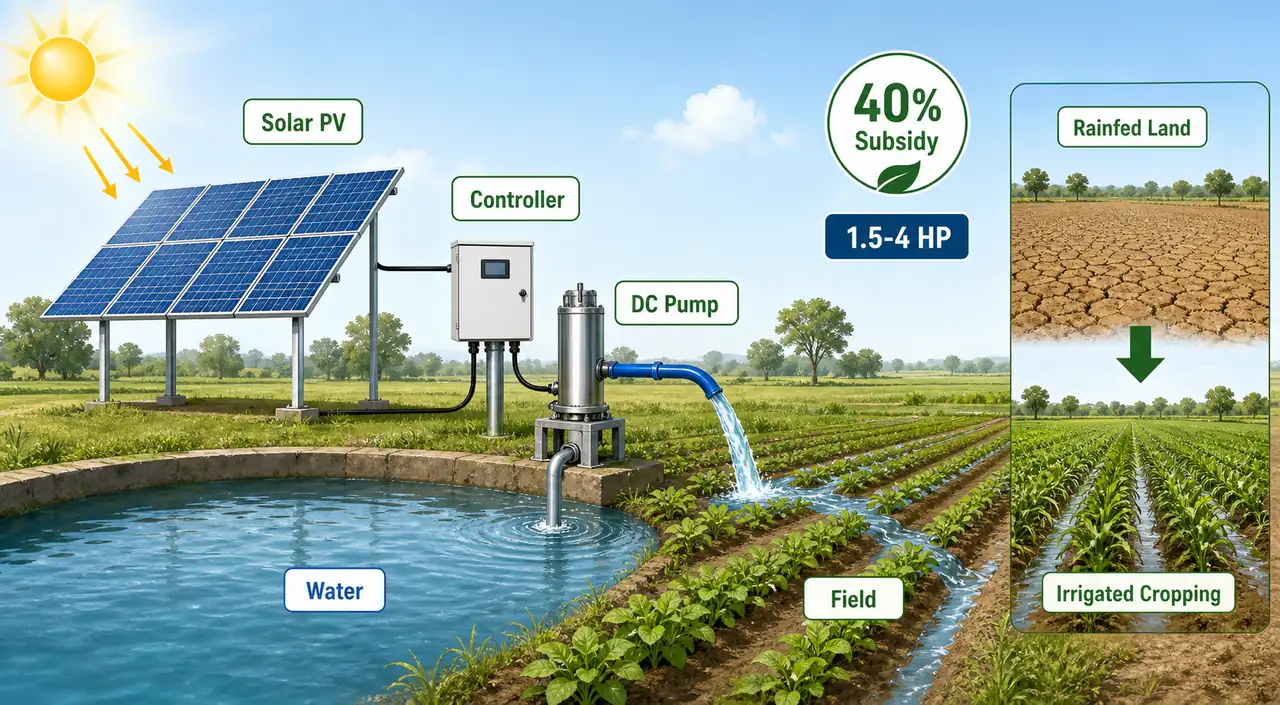 Annotated solar pumpset diagram showing solar PV panels, controller, DC pump, lifted water, irrigated field, and subsidy-based viability