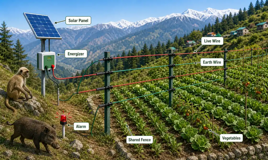 Annotated solar fencing diagram showing panel, energizer, alternate live and earth wires, protected hill crops, and animals outside the fence