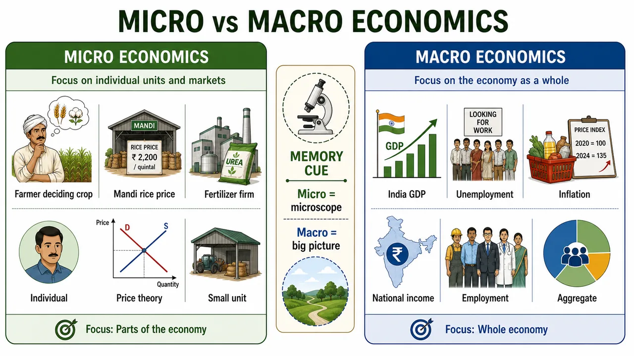 Micro versus macro economics comparison showing individual farmer and market decisions on one side and national income, employment, GDP, and inflation on the other