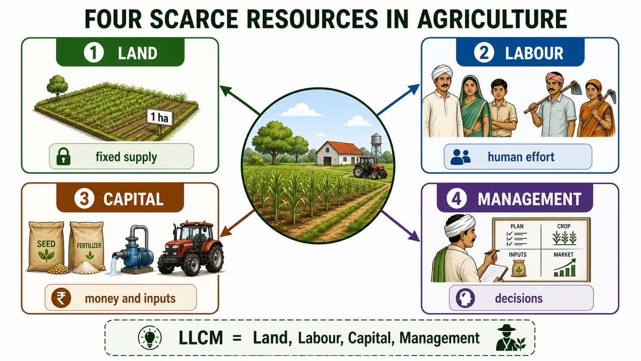 Four scarce resources in agriculture showing land, labour, capital, and management around a farm production system