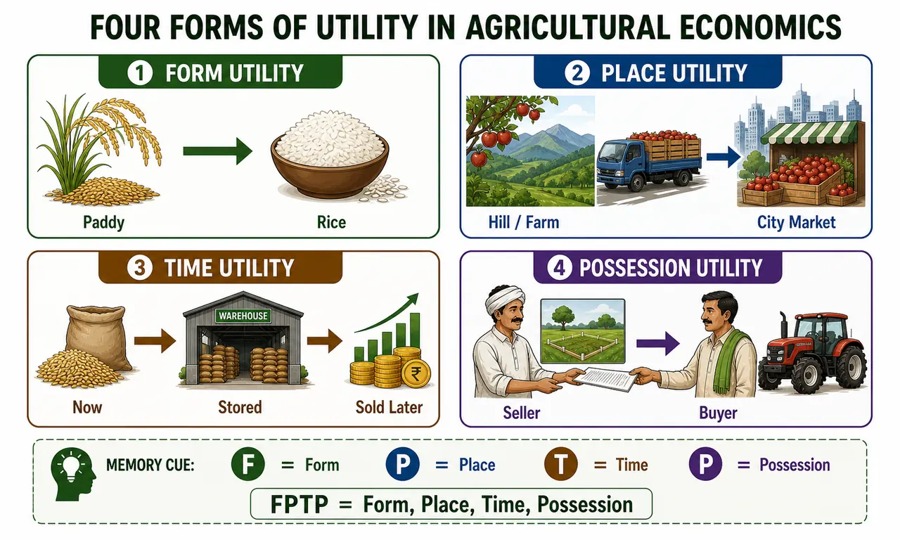 Four forms of utility in agricultural economics showing form utility, place utility, time utility, and possession utility with farm examples