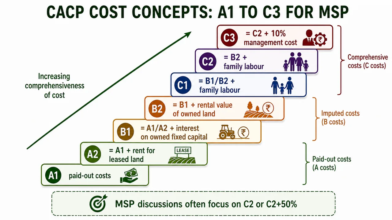CACP cost concepts from A1 to C3 for MSP showing the step-by-step addition of leased land rent, owned capital, owned land, family labour, and management cost