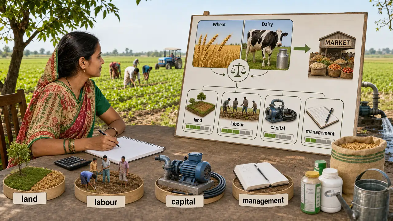 Agricultural economics lesson visual showing a farmer allocating land, labour, capital, and management across crop and dairy decisions