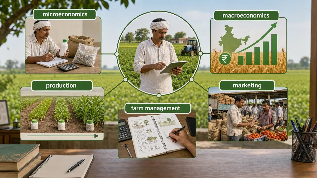Agricultural economics sub-disciplines visual showing microeconomics, macroeconomics, production, farm management, and marketing around a farm system