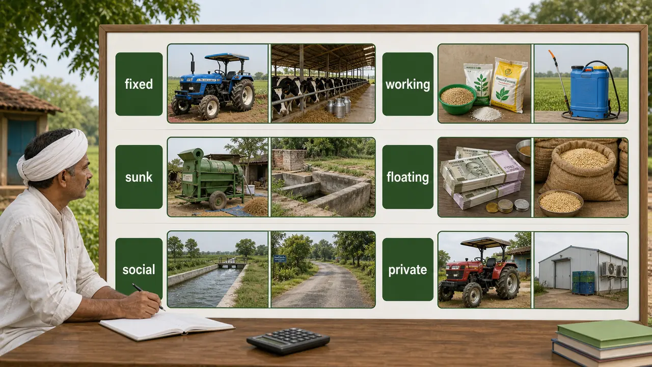 Capital classification visual showing fixed, working, sunk, floating, social, and private capital with agricultural examples