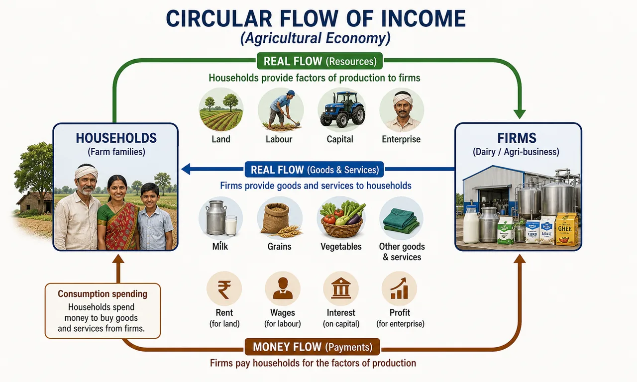 Circular flow of income diagram showing households and firms exchanging factors of production, goods and services, and money income