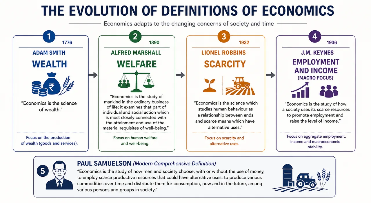 Timeline infographic showing the evolution of definitions of economics from wealth to welfare to scarcity to employment and income