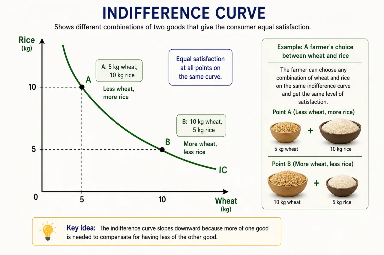 Indifference curve graph showing different wheat and rice combinations that provide equal satisfaction