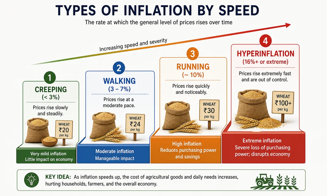 Inflation types infographic showing creeping, walking, running, and hyperinflation in ascending order