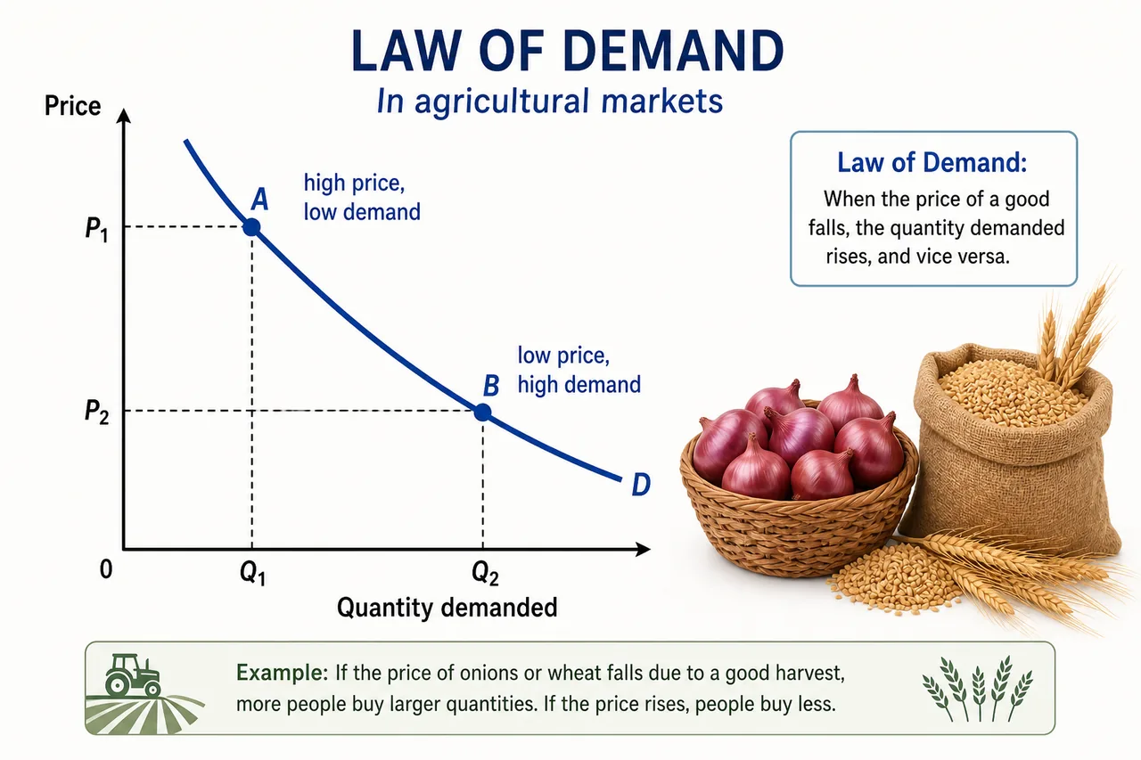 Downward-sloping demand curve showing higher price with lower quantity demanded and lower price with higher quantity demanded, with agricultural commodity context