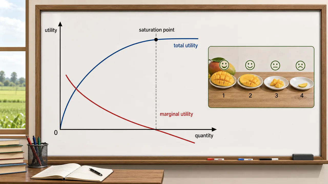 Law of diminishing marginal utility graph showing total utility, marginal utility, and saturation point with a simple consumption example