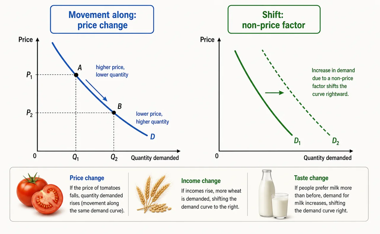 Comparison diagram showing movement along a demand curve due to price change and shift of a demand curve due to non-price factors, with agricultural context