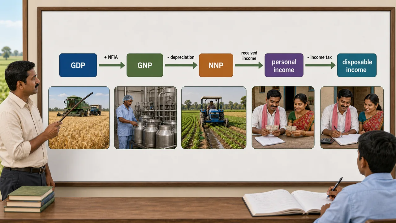 National income concept chain showing GDP, GNP, NNP, personal income, and disposable income with adjustment steps