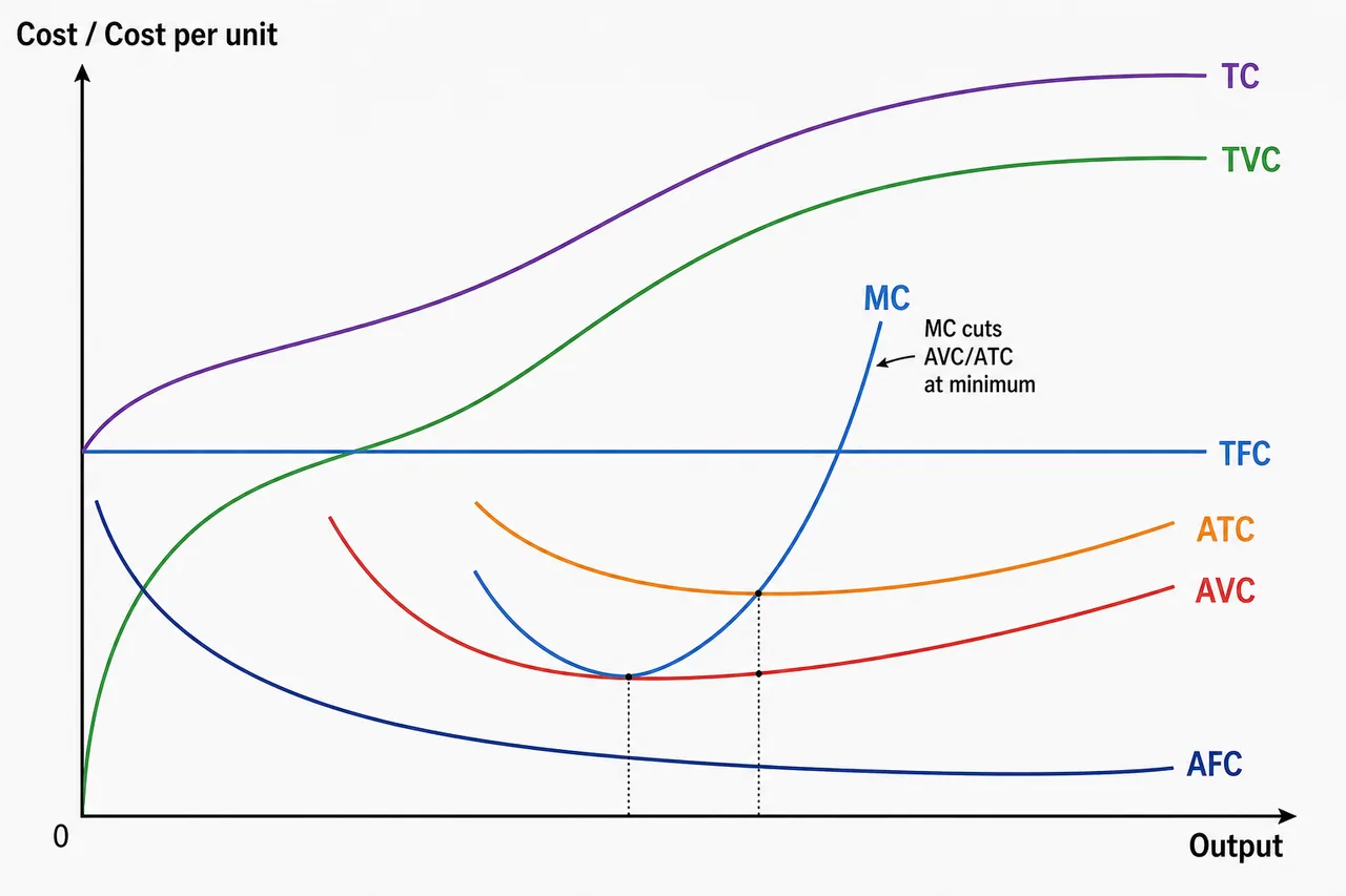 Combined short-run cost curves showing TFC, TVC, TC, AFC, AVC, ATC, and MC with MC cutting AVC and ATC at their minimum points