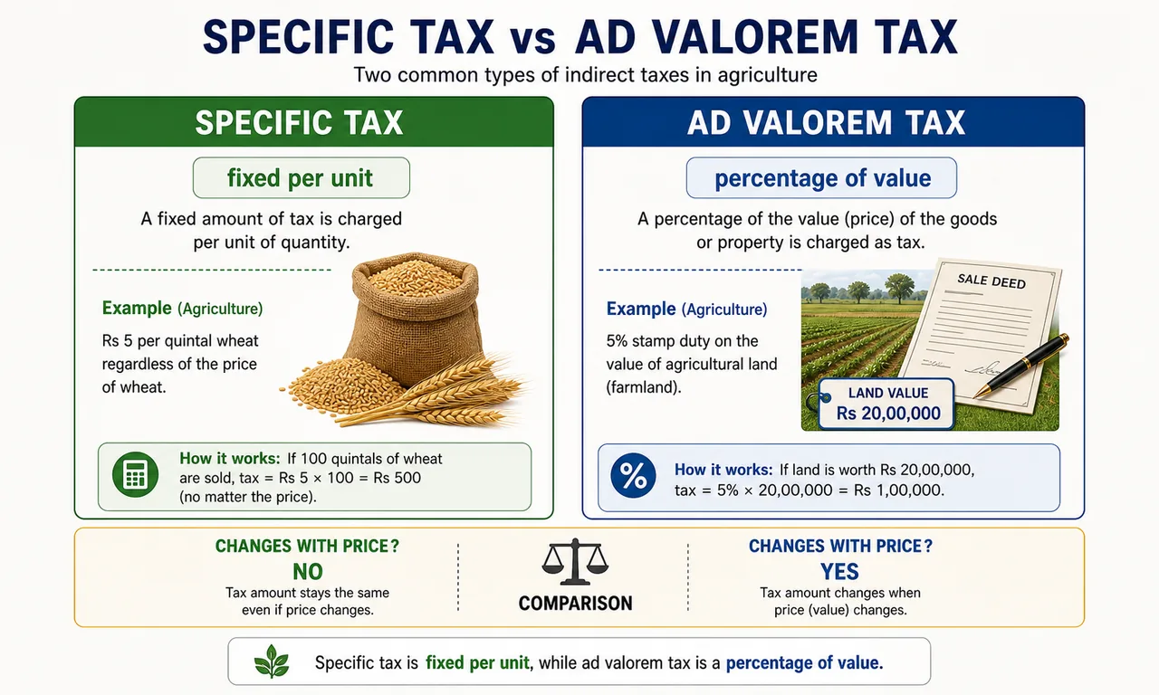 Comparison infographic showing specific tax versus ad valorem tax with agricultural examples