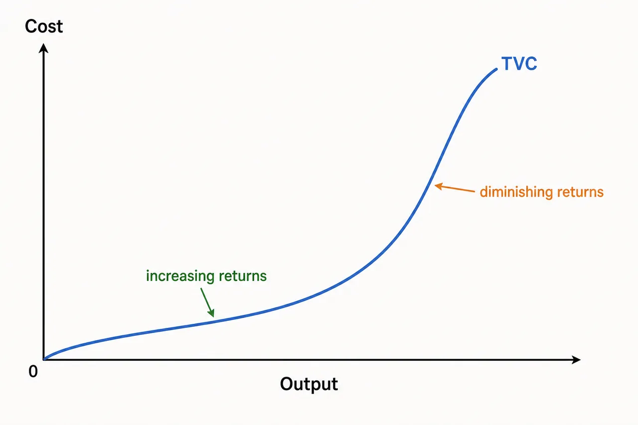 Total variable cost graph showing an inverse-S TVC curve with increasing returns early and diminishing returns later