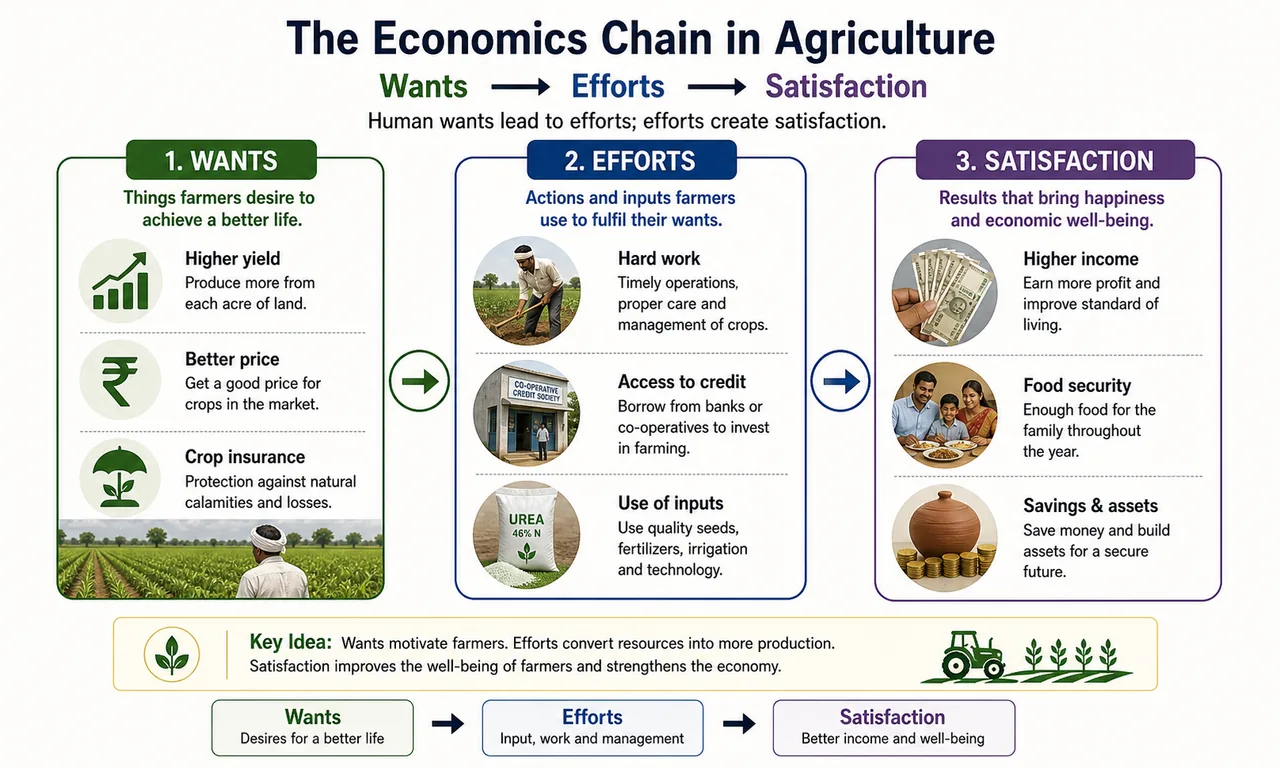 Economics chain showing wants, efforts, and satisfaction with agricultural examples