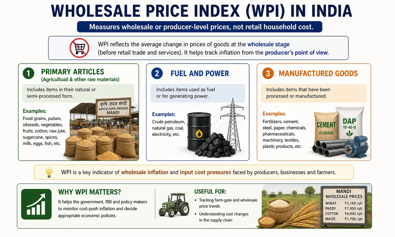 Wholesale Price Index infographic showing producer-level measurement with primary articles, fuel and power, and manufactured goods