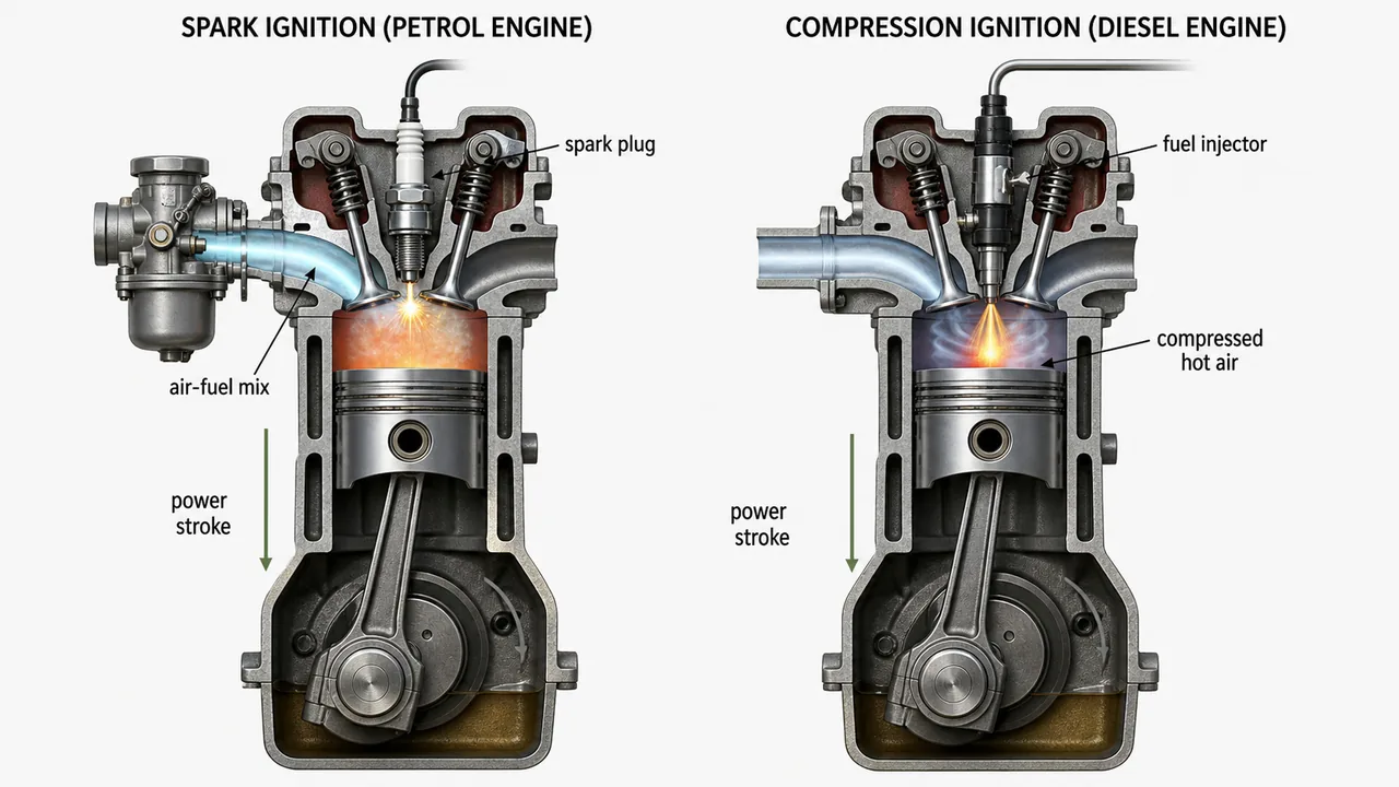 Petrol and diesel engine ignition comparison showing spark ignition with air-fuel mixture and compression ignition with fuel injected into compressed hot air