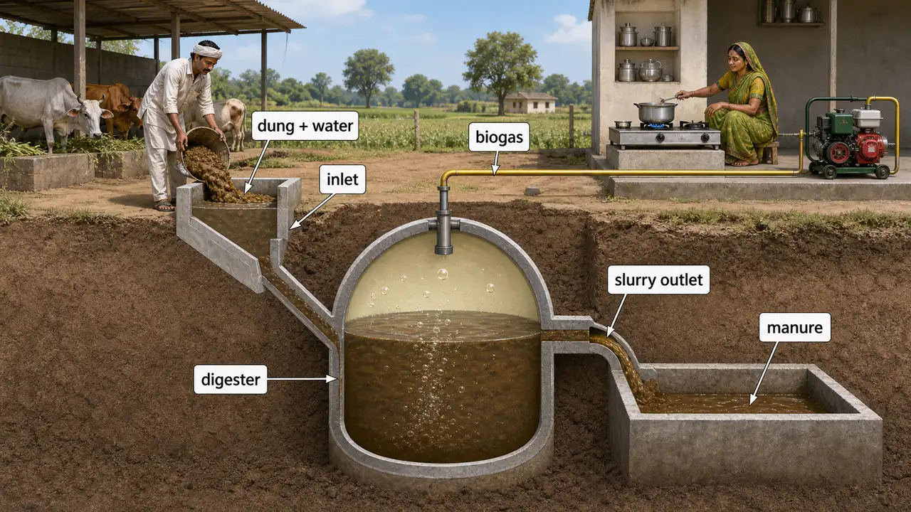 Farm biogas plant process showing dung and water entering the digester, gas collection, and slurry outlet for manure